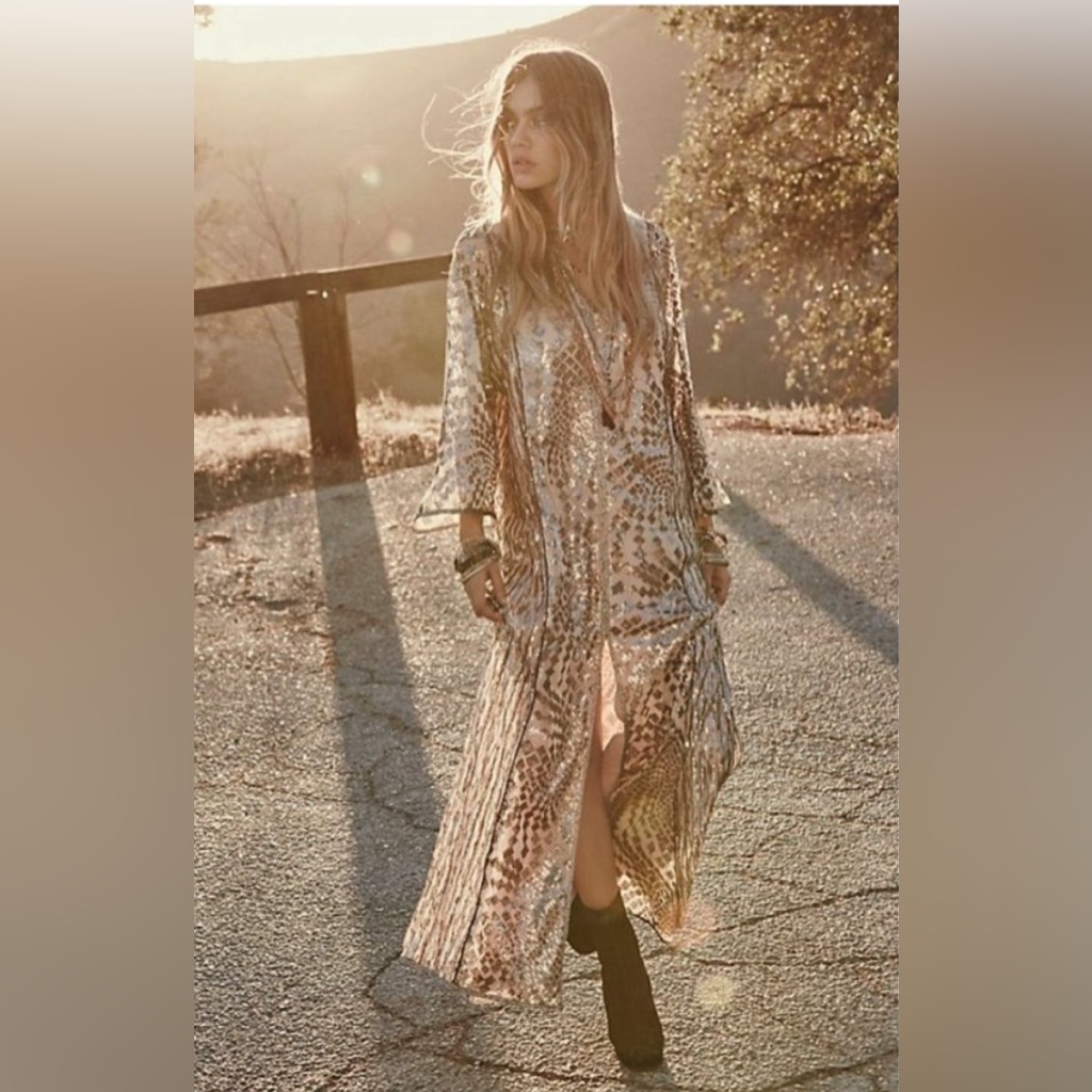 Nwt | Free People X Anna Sui Sequin Embroidered Silver Front Slit Maxi Dress Xs